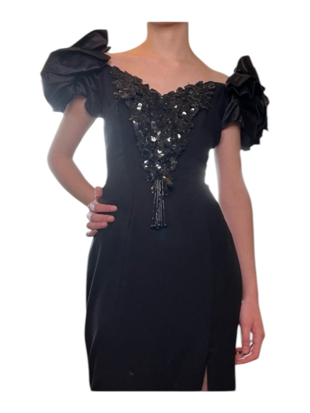 Zum Zum  Black vintage 80s prom One-Shoulder Sequin Appliqué